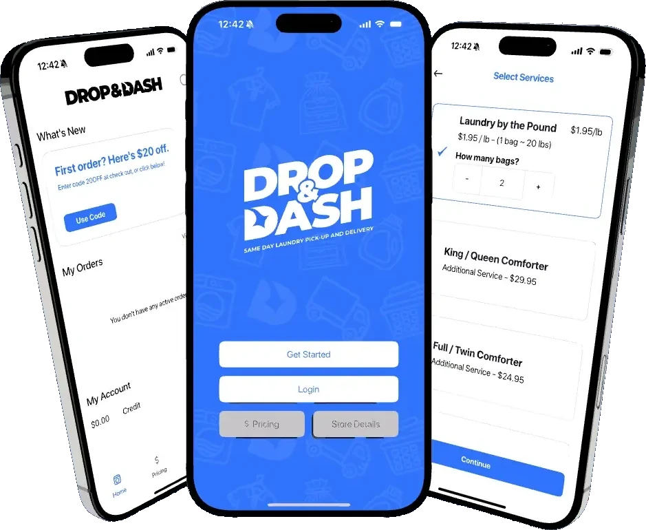 The Drop & Dash app: home, sign-in, and service selection screens